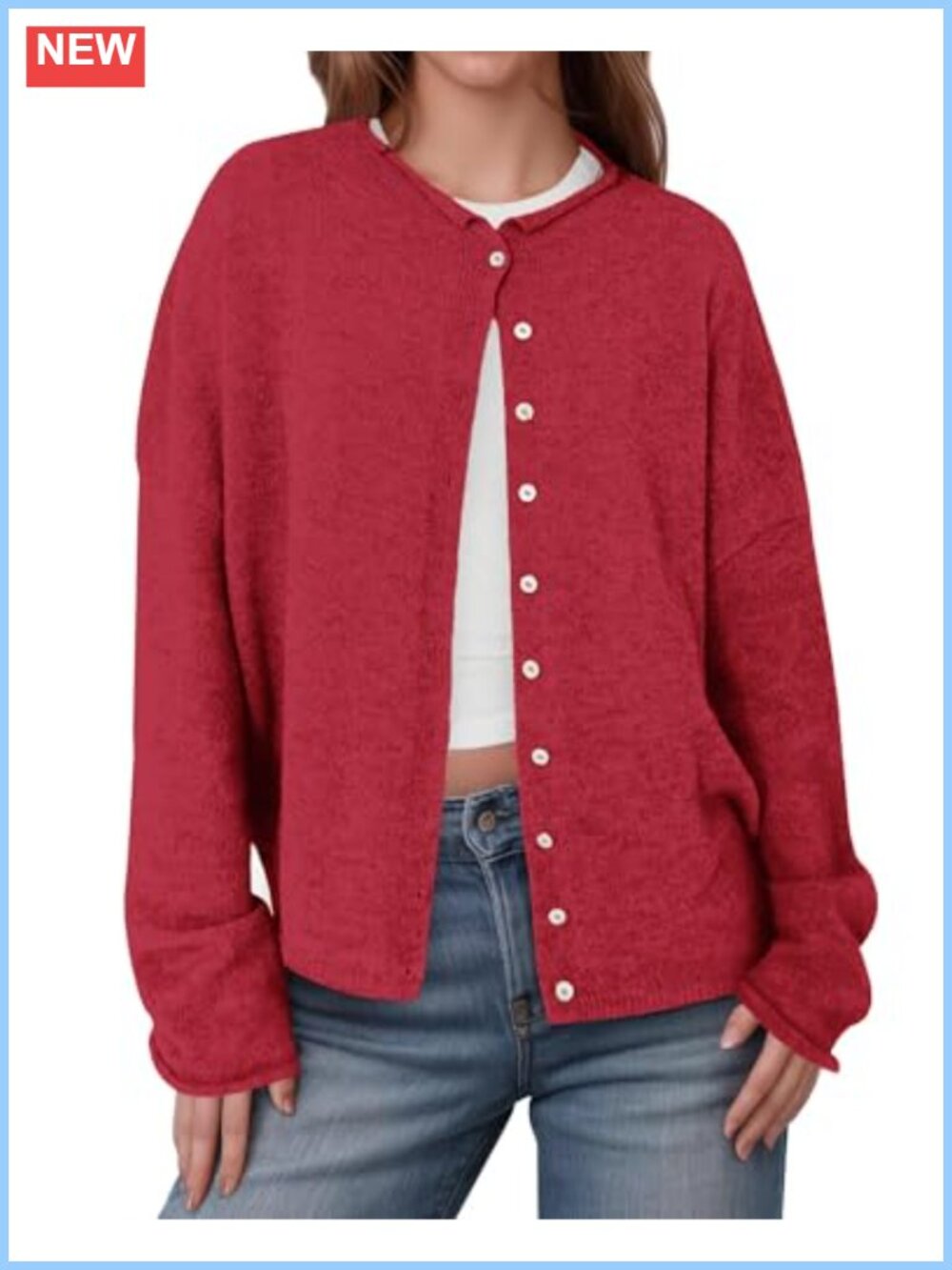 Lightweight Knit Button Cardigan Crew Neck Long Sleeve Sweater